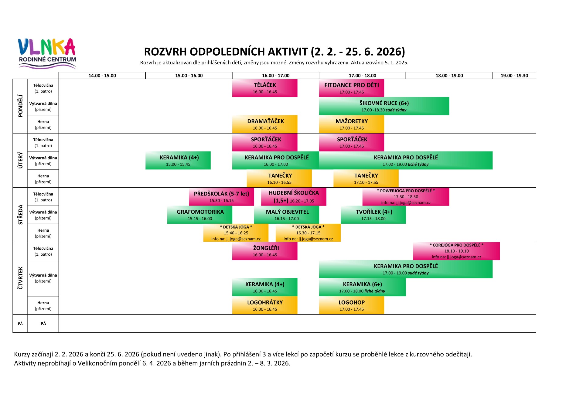 ROZVRH ODPOLEDNÍCH AKTIVIT (budete přesměrování na web Rodinného centra Vlnka, pod kterým odpolední kroužky probíhají)